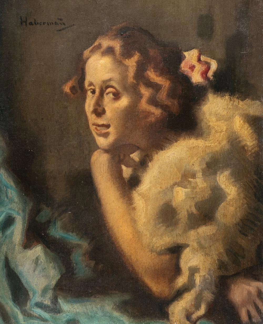Hugo von Habermann - Ragazza con stola di pelliccia e fiore tra i capelli